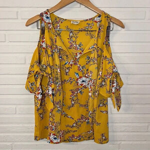 Lily White Yellow Floral Cold Shoulder Tie Sleeve Blouse, Women’s Size Small